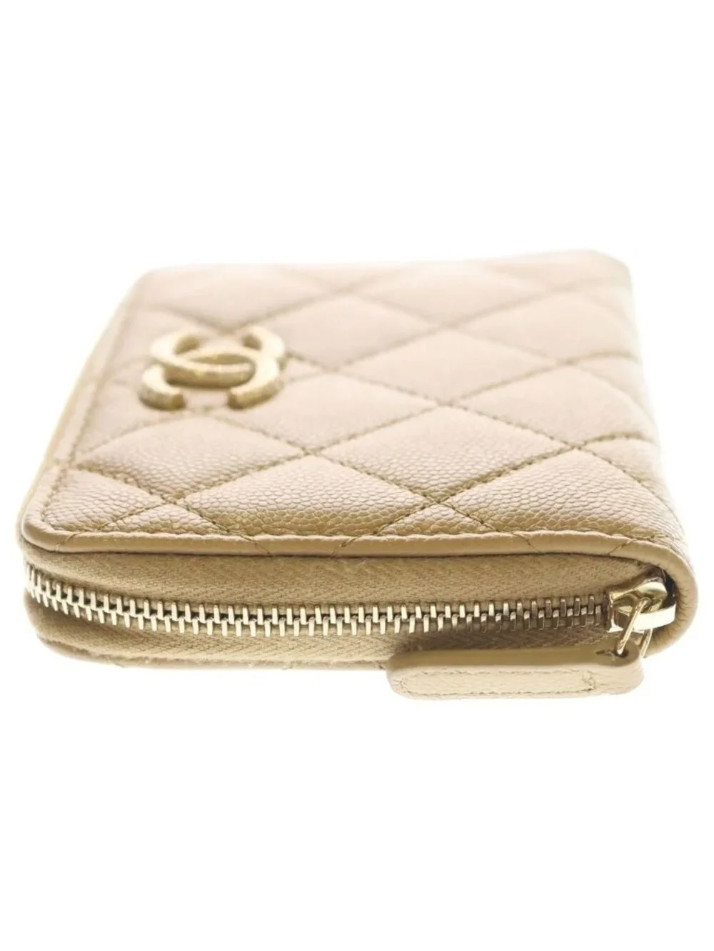 Chanel CC Logo Quilted Caviar Leather Round Zip Compact Wallet Beige Gold